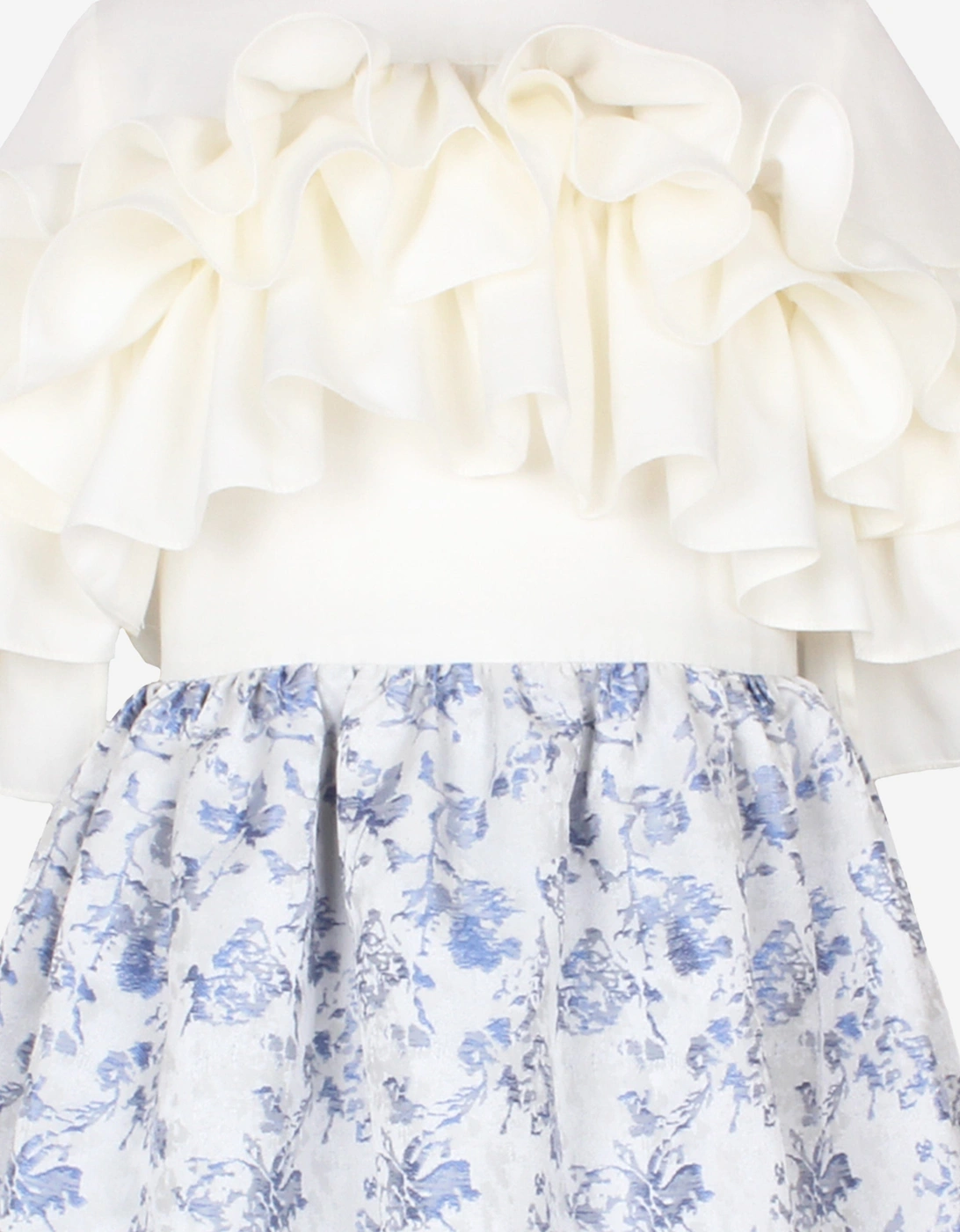 Girls Floral Jacquard Flutterby Ruffle Dress In Blue