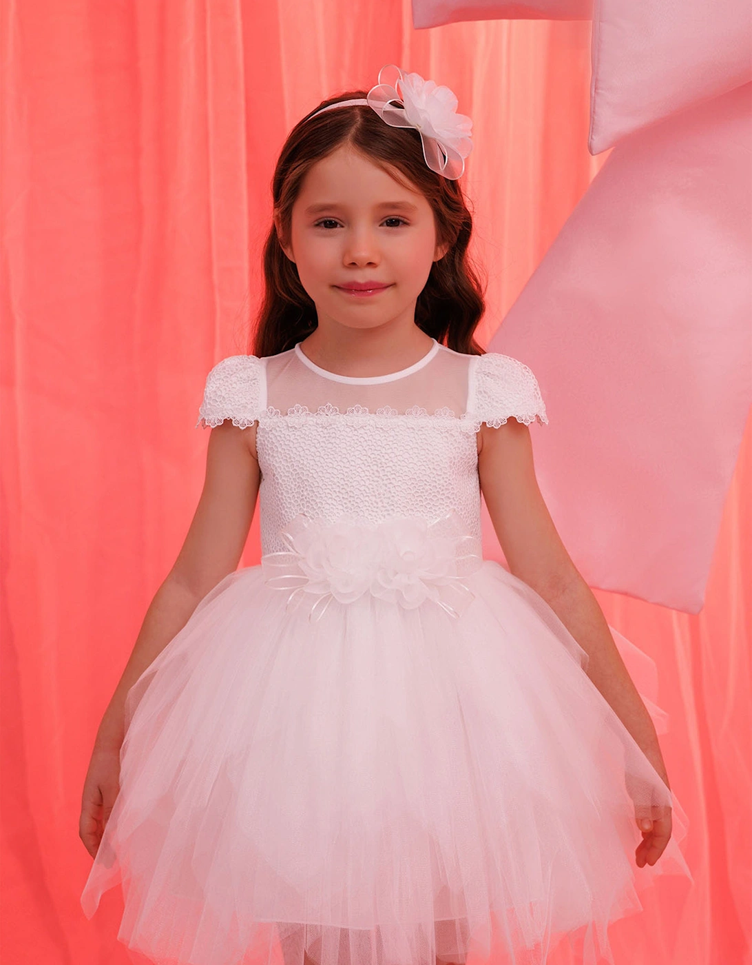 Baby Girls Dress with Tulle Skirt in White