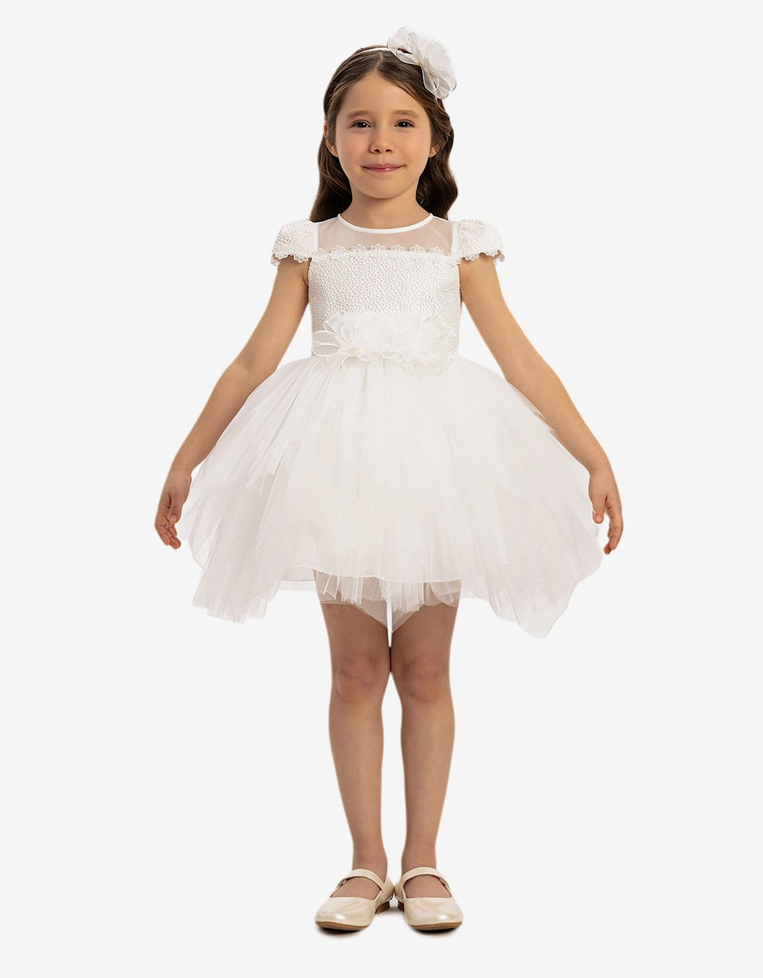 Baby Girls Dress with Tulle Skirt in White, 7 of 6