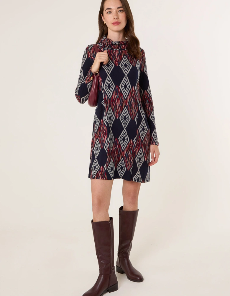 Navy Printed Draped Cowl Neck Long Sleeve Dress