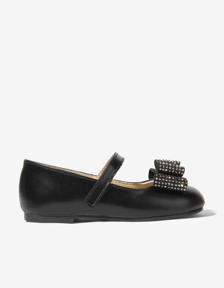 BABYWALKER Girls Leather Diamond Bow Ballerinas in Black