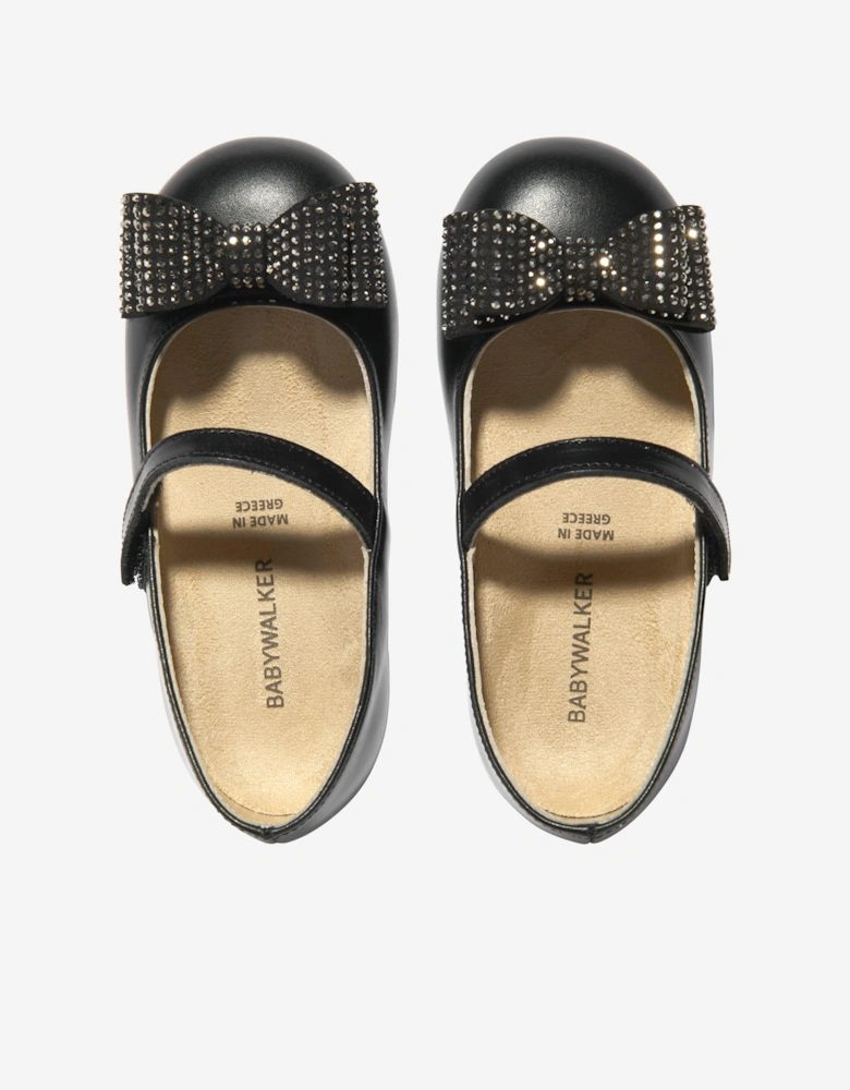 BABYWALKER Girls Leather Diamond Bow Ballerinas in Black
