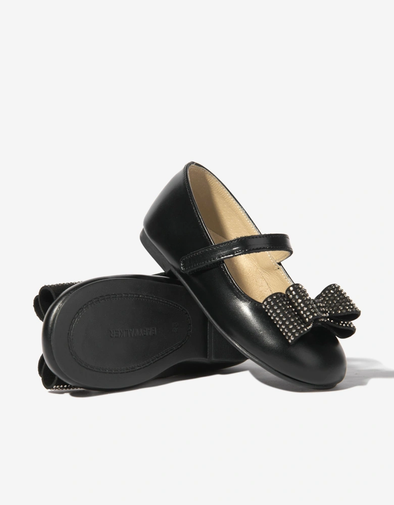 BABYWALKER Girls Leather Diamond Bow Ballerinas in Black