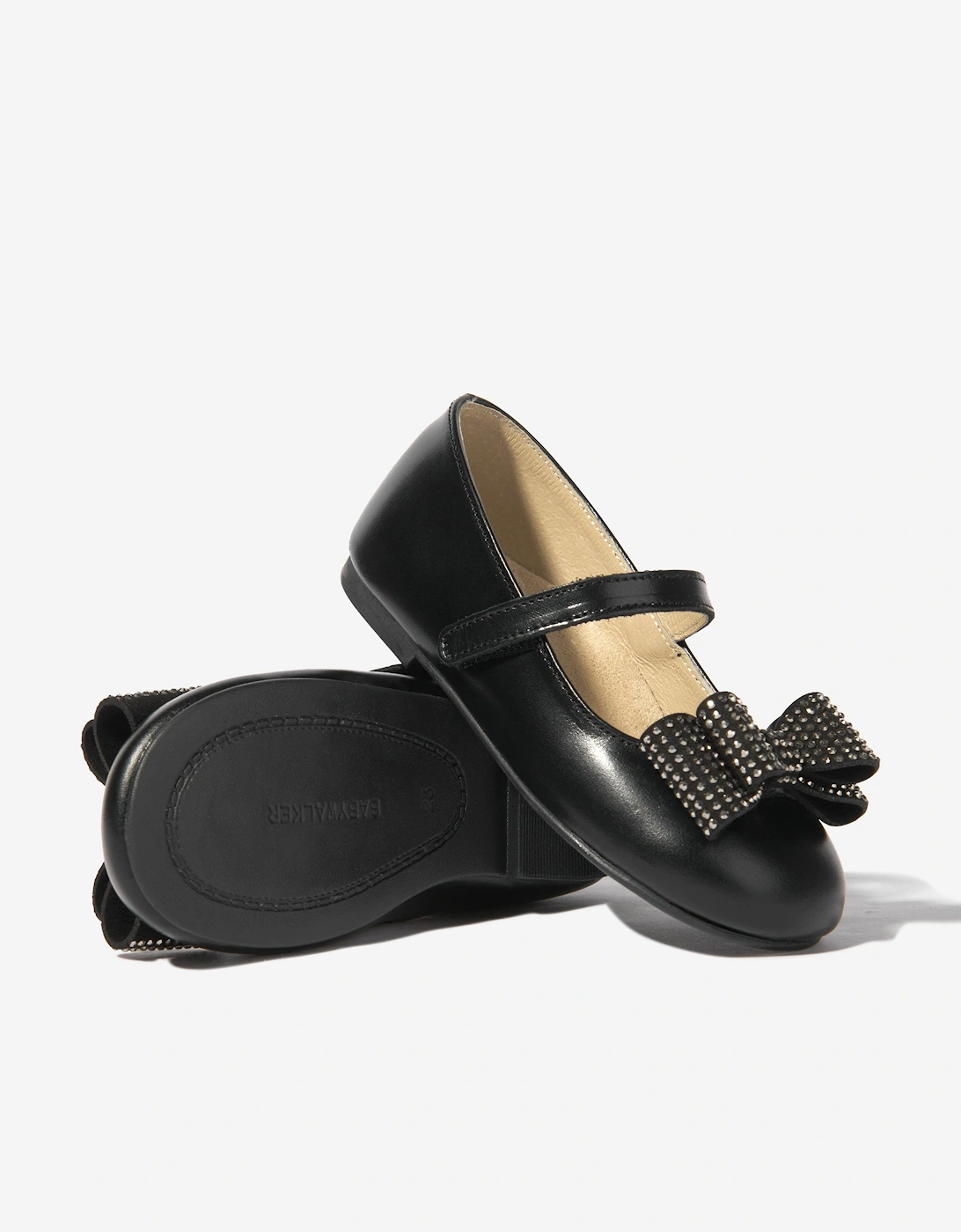 BABYWALKER Girls Leather Diamond Bow Ballerinas in Black