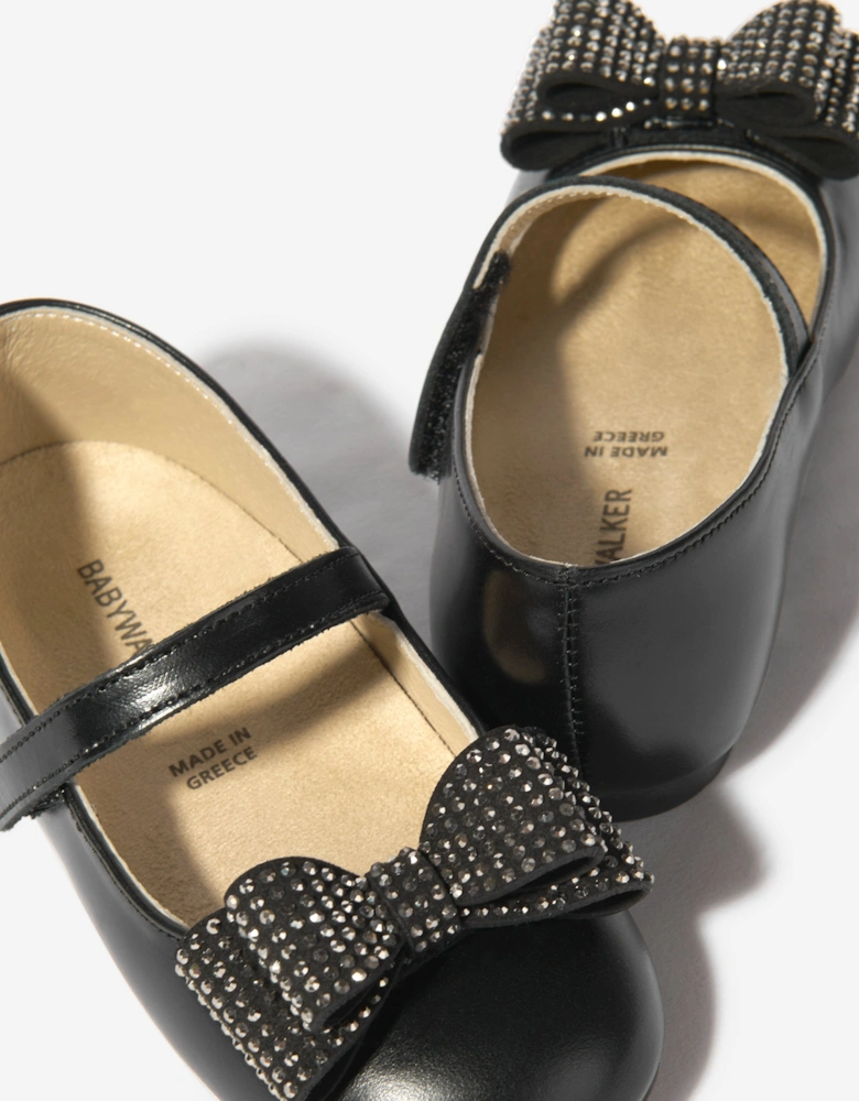 BABYWALKER Girls Leather Diamond Bow Ballerinas in Black