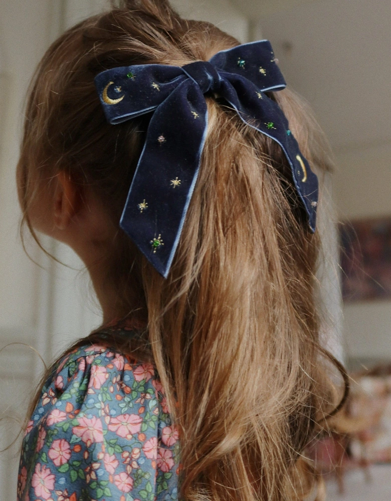 Girls Velvet Bow Pearly Hair Clip in Navy