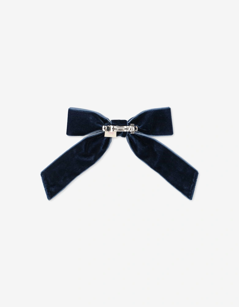 Girls Velvet Bow Pearly Hair Clip in Navy