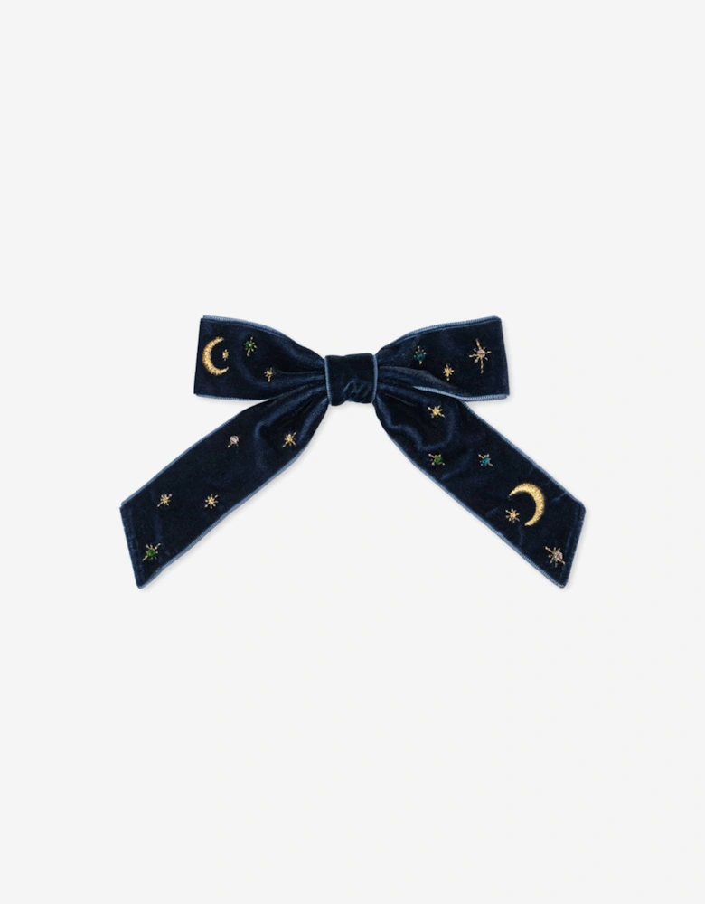 Girls Velvet Bow Pearly Hair Clip in Navy