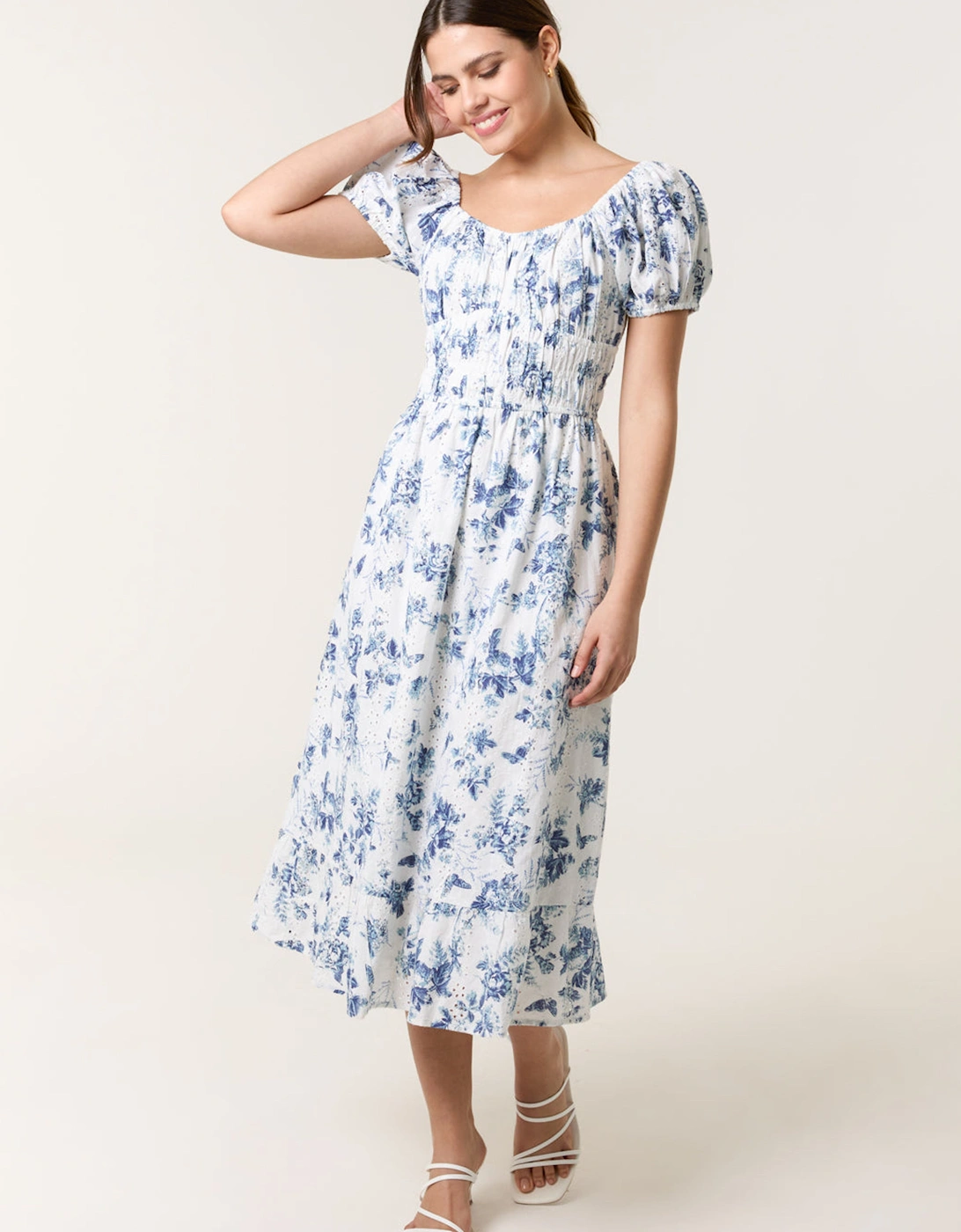 Blue Puff Sleeve Shirred Print Dress, 2 of 1