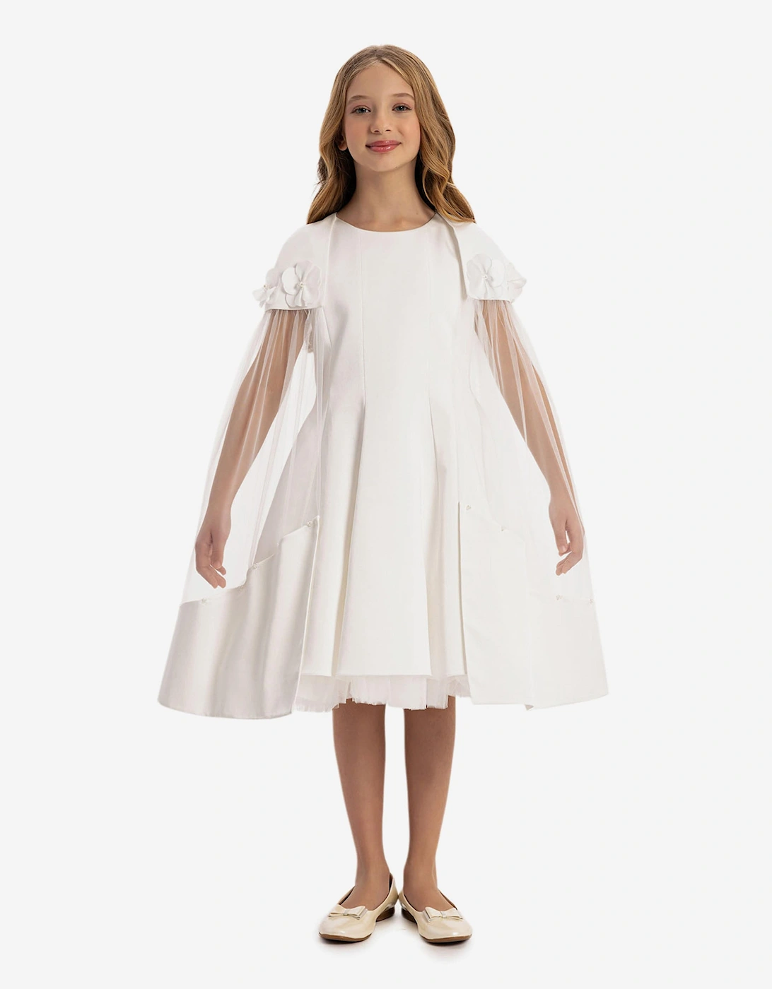 Girls Dress with Removable Cape in White, 7 of 6