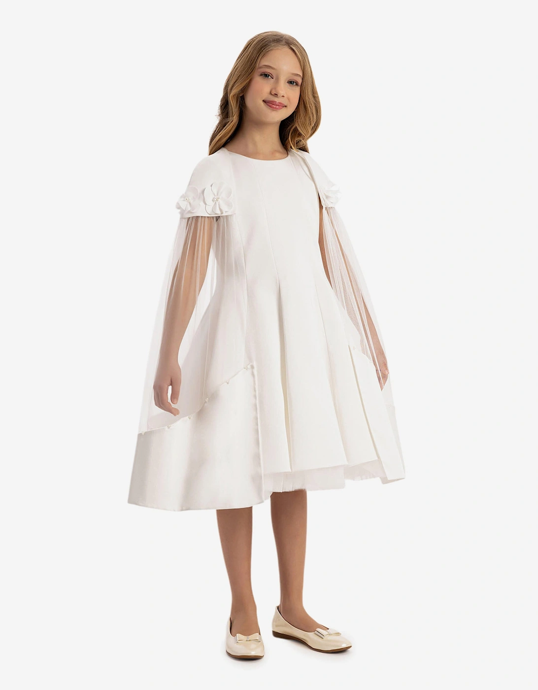 Girls Dress with Removable Cape in White