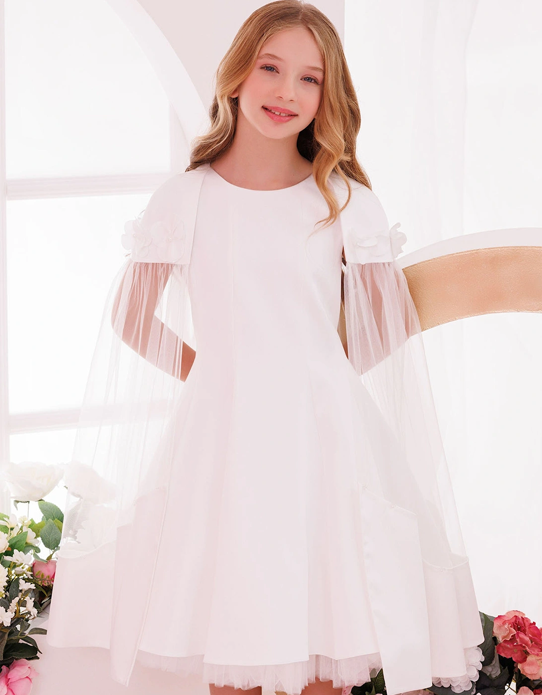Girls Dress with Removable Cape in White