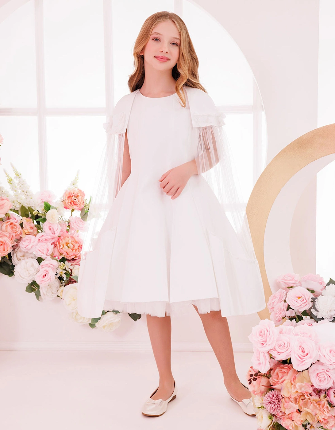 Girls Dress with Removable Cape in White