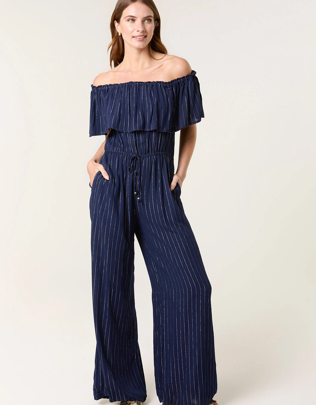 Navy Bardot Tie Waist Jumpsuit, 2 of 1