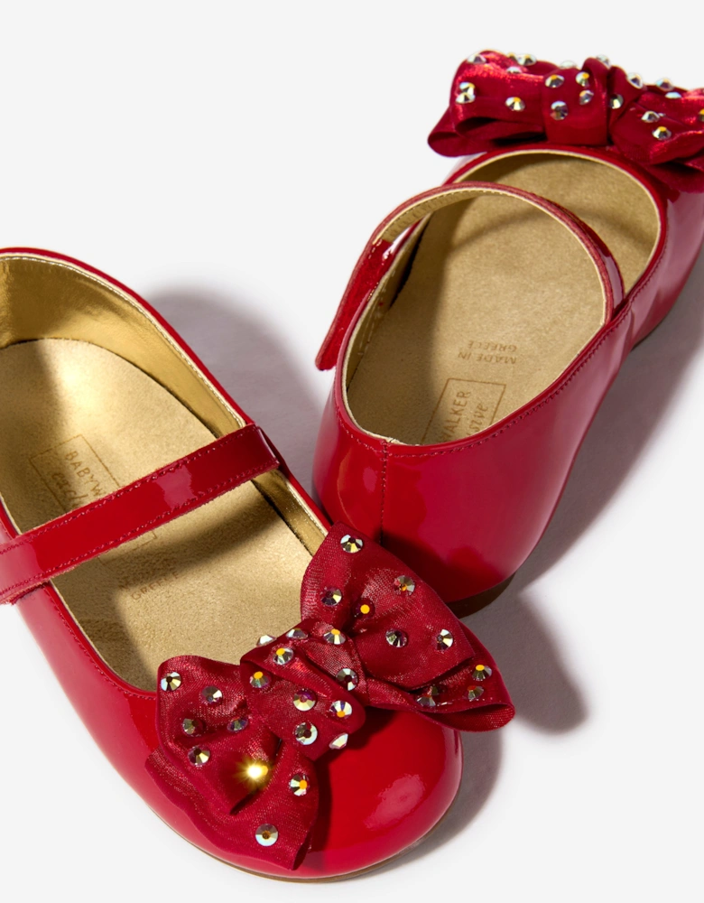 BABYWALKER Girls Patent Swarovski Crystals Bow Ballerinas in Red