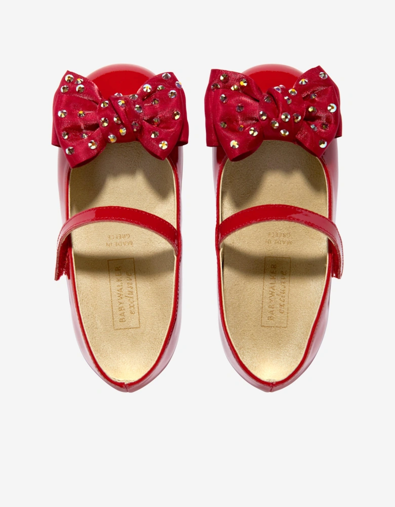 BABYWALKER Girls Patent Swarovski Crystals Bow Ballerinas in Red