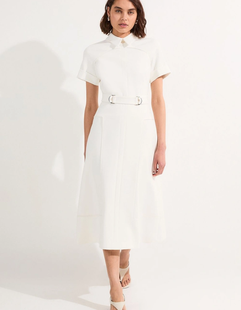 Compact Stretch Tab Detail Full Skirted Midi Dress