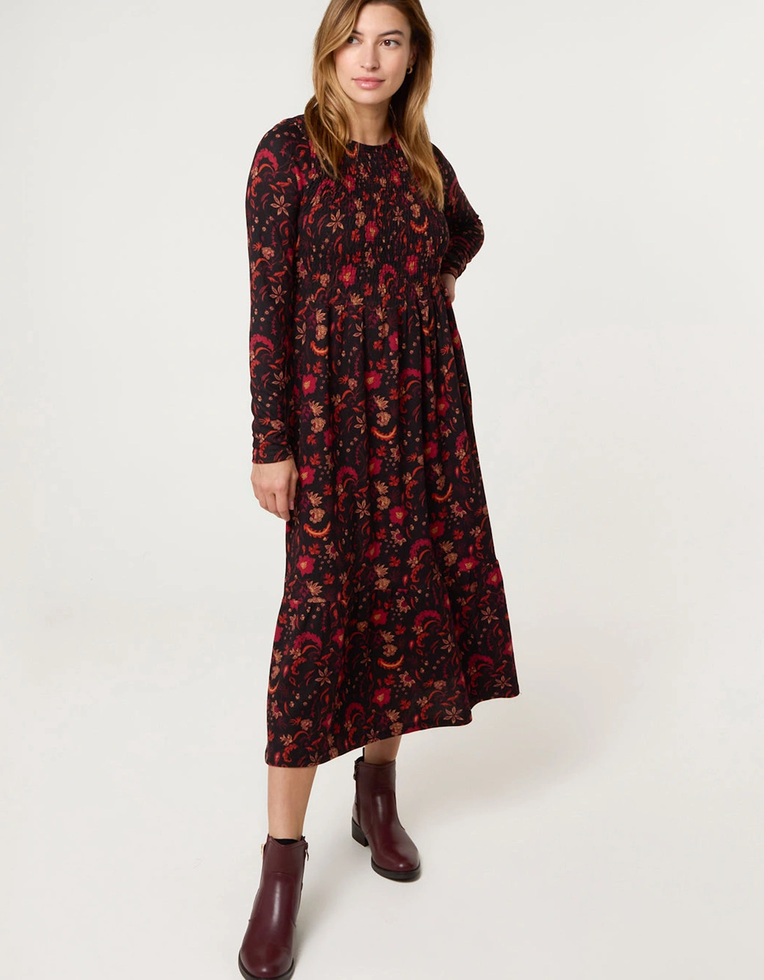 Black Frill High Neck Shirred Waist Paisley Dress, 2 of 1