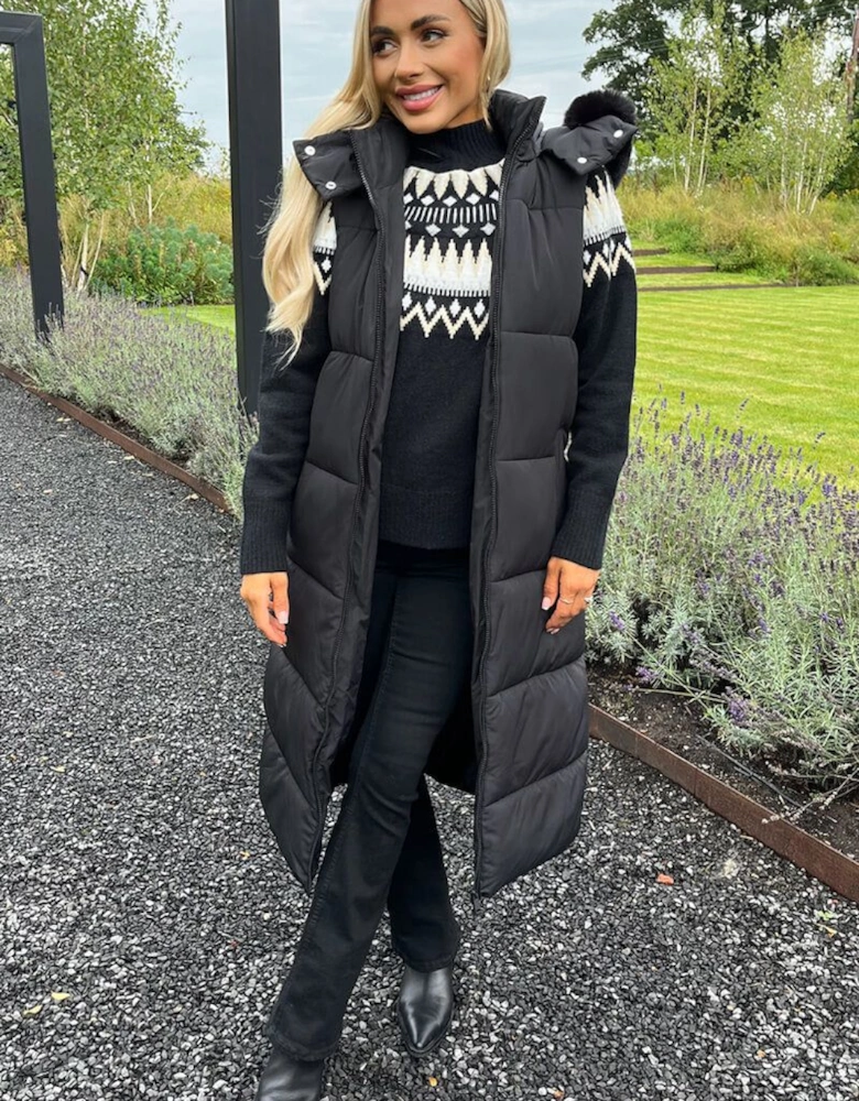 Black Faux Fur Hooded Longline Padded Gilet