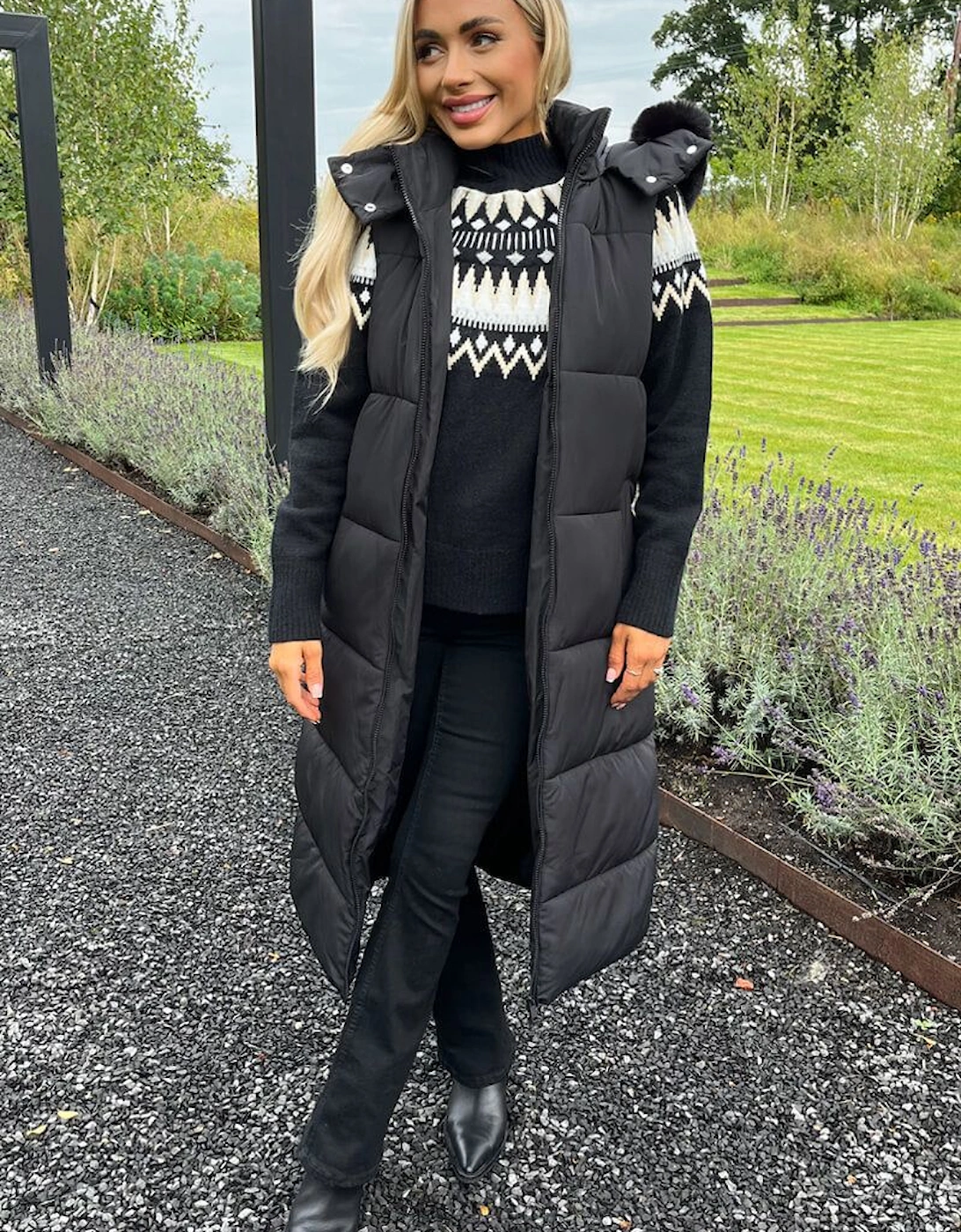 Black Faux Fur Hooded Longline Padded Gilet, 2 of 1