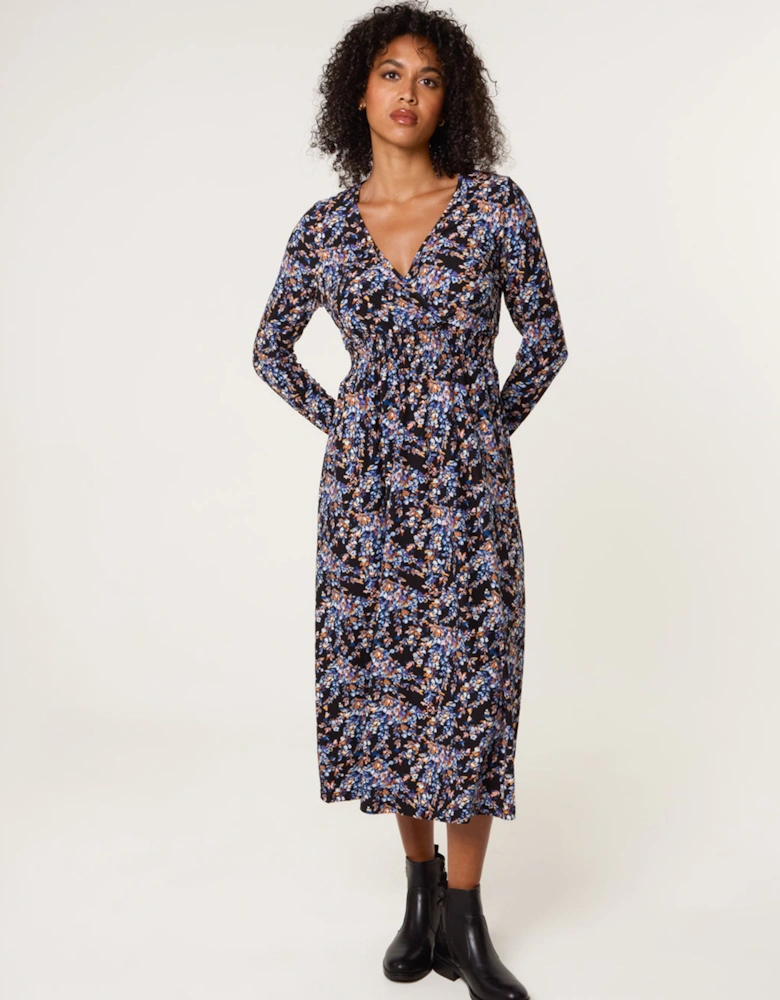 Black Floral V Neck Wrap Long Sleeve Midi Dress