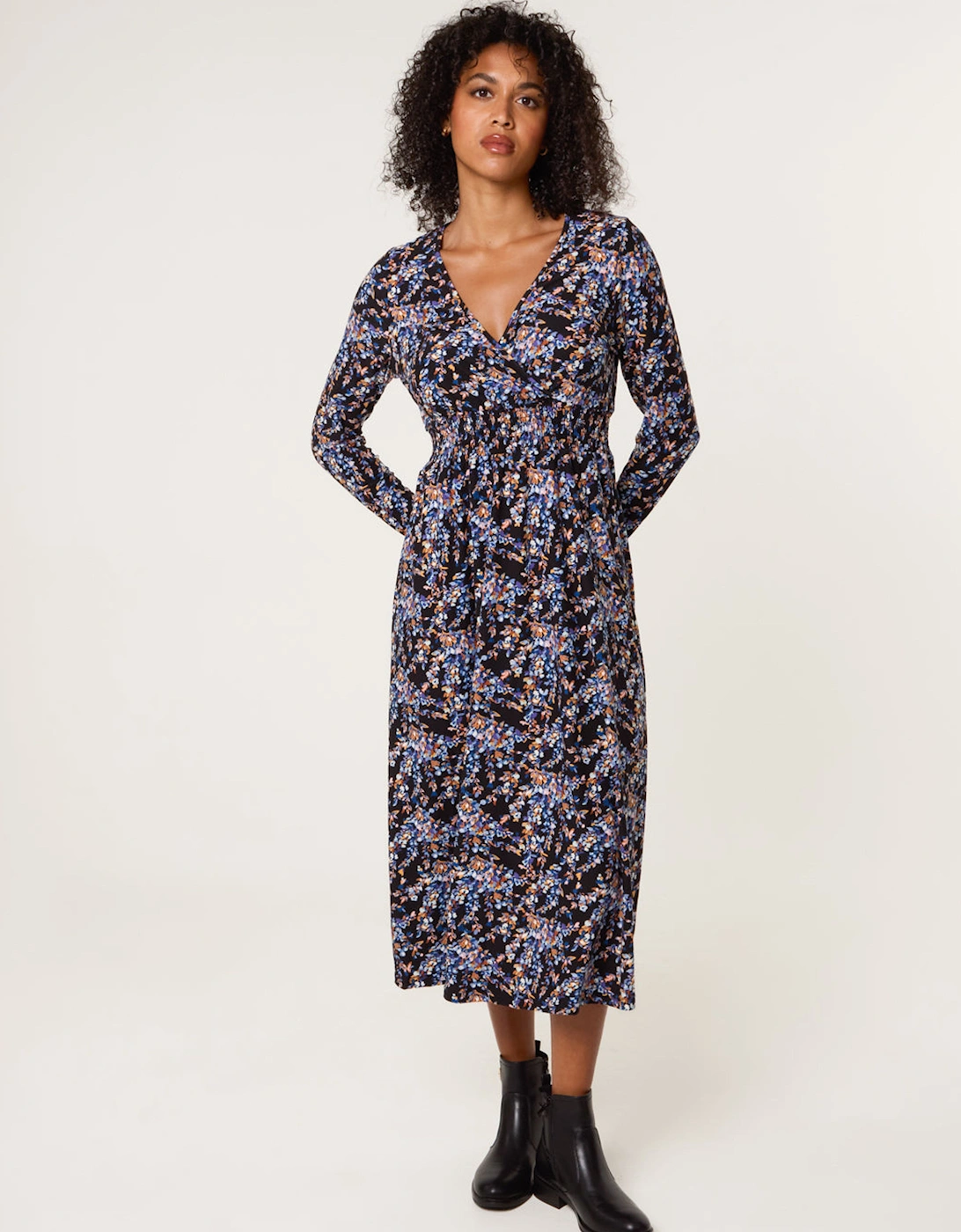 Black Floral V Neck Wrap Long Sleeve Midi Dress, 2 of 1