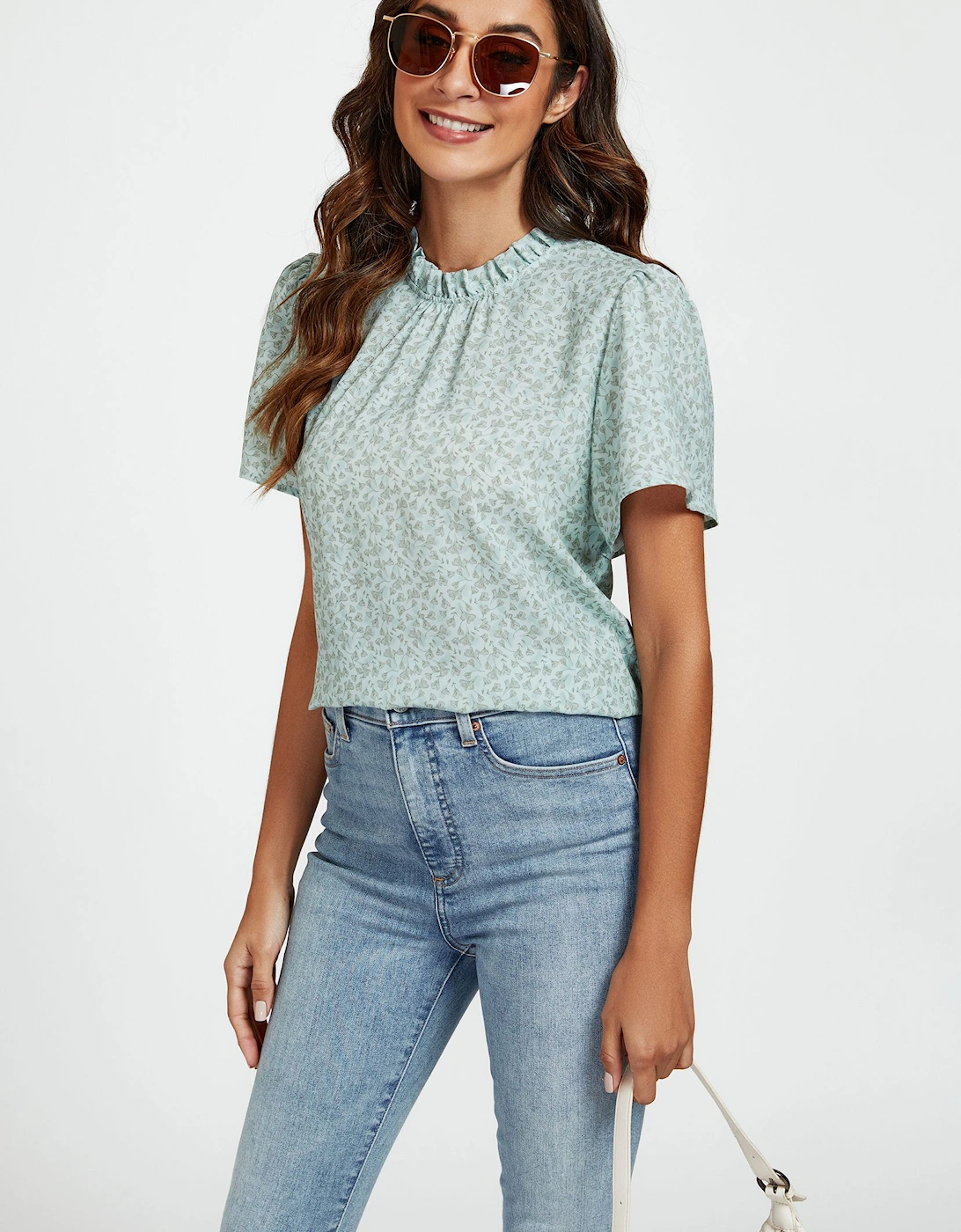 Grey Little Floral Print Angle Sleeve High Neck Top/Blouse In Blue, 2 of 1