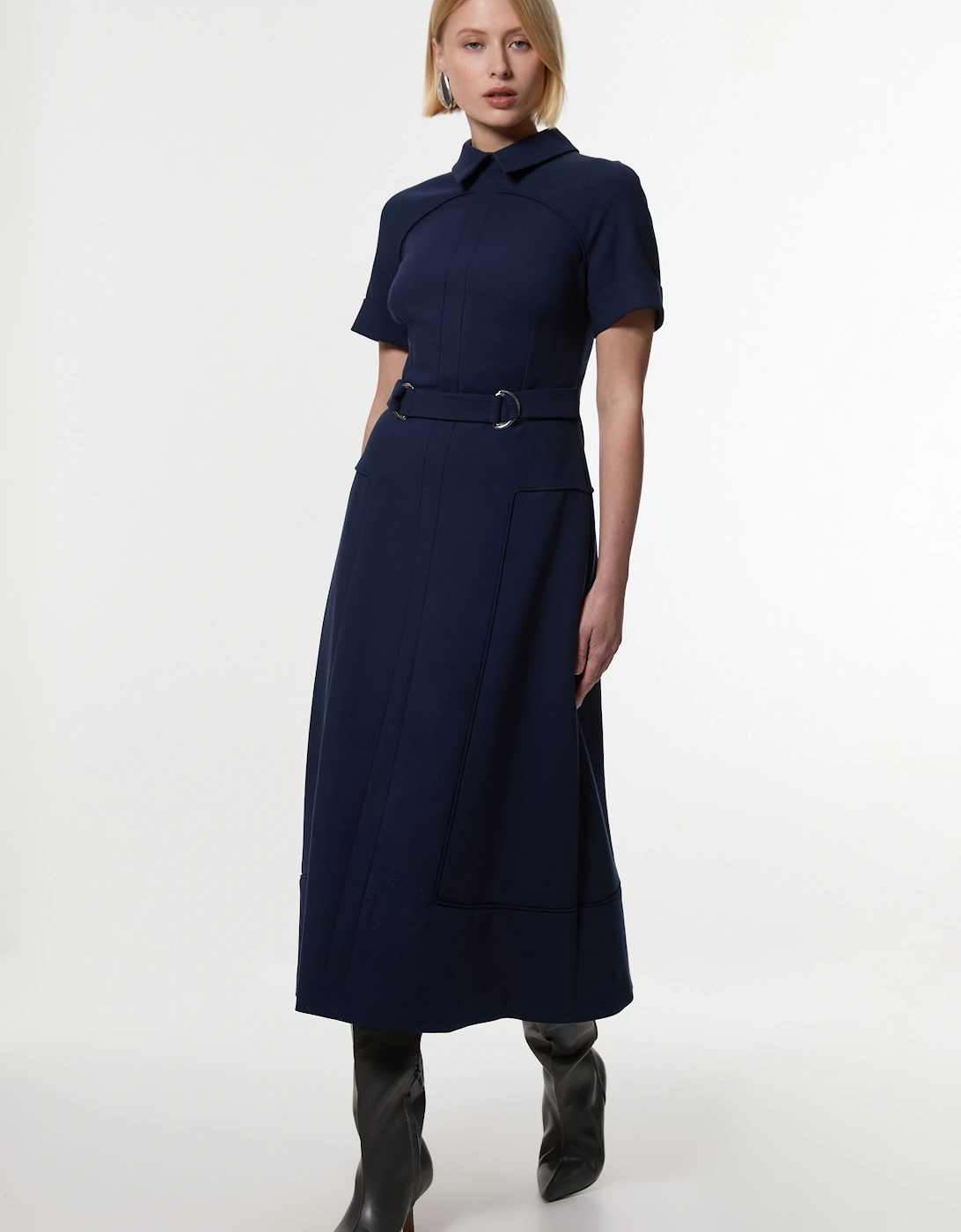 Compact Stretch Tab Detail Full Skirted Midi Dress, 2 of 1
