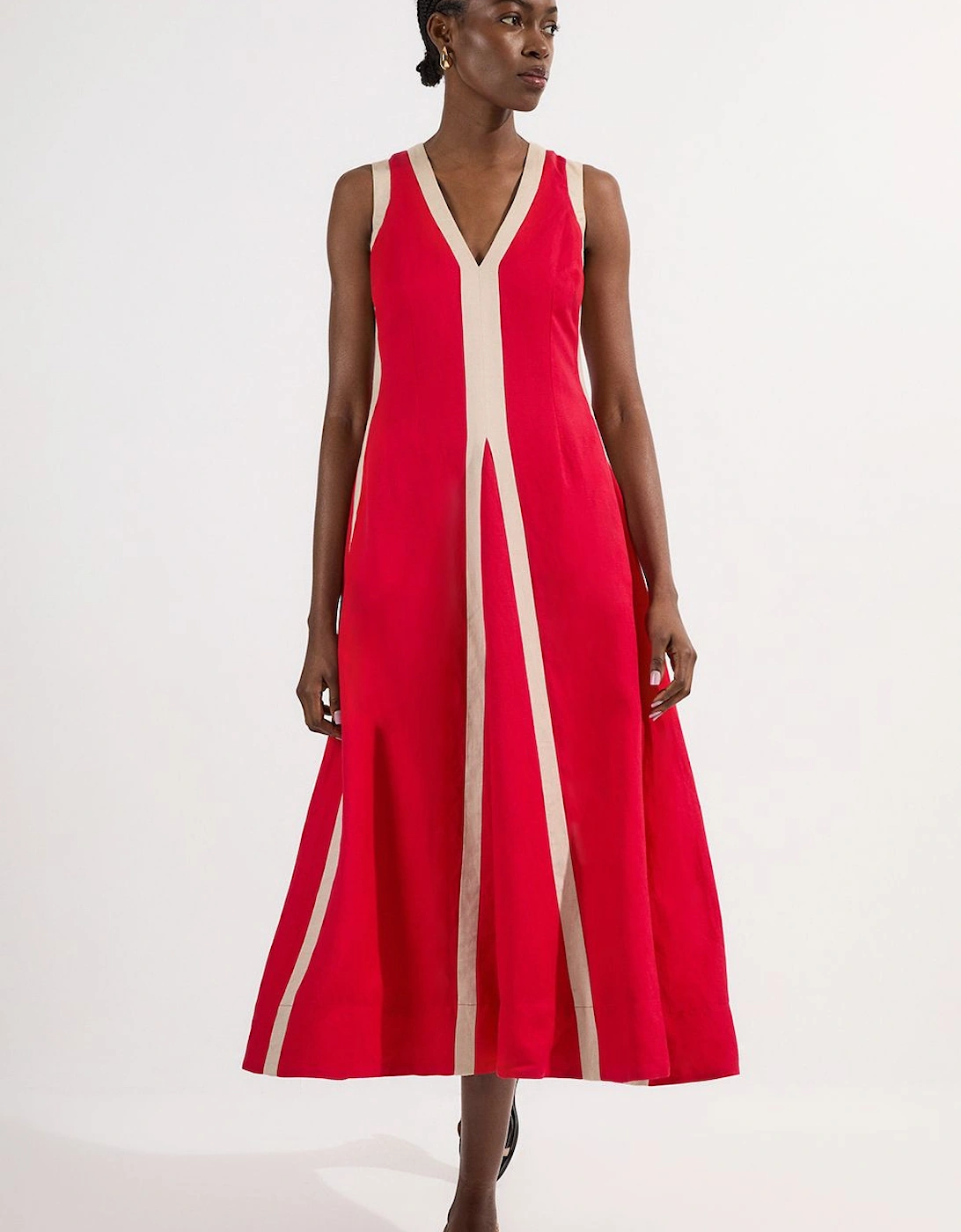 Contrast Linen Plunge Neck Woven Maxi Dress, 2 of 1