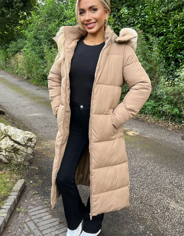 Biscuit Faux Fur Hooded Longline Padded Coat