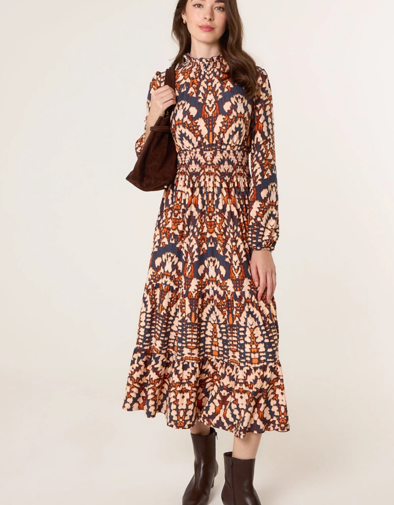 Multi Frilled Shirred High Neck Shirred Waist Dress