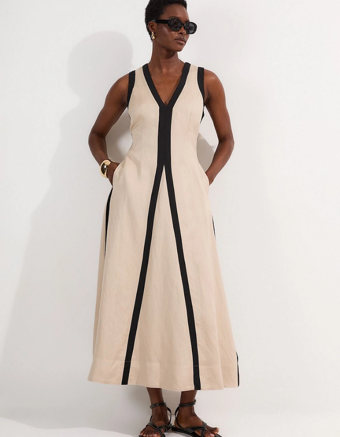 Contrast Linen Plunge Neck Woven Maxi Dress, 2 of 1