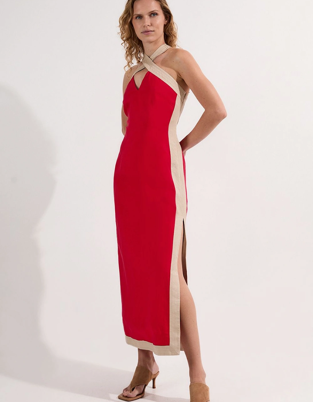 Linen Viscose Colour Block Halter Neck Woven Maxi Dress, 2 of 1