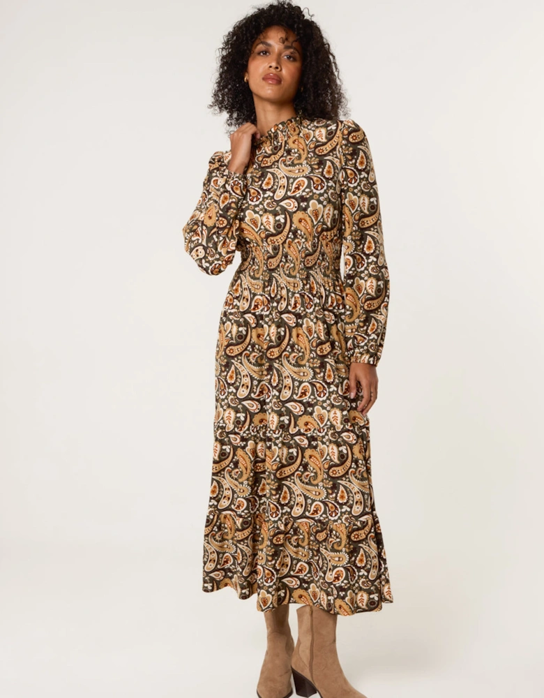 Khaki Paisley High Neck Shirred Waist Dress