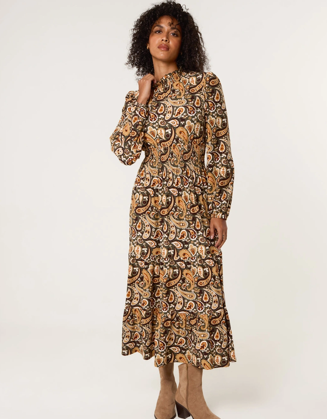Khaki Paisley High Neck Shirred Waist Dress, 2 of 1