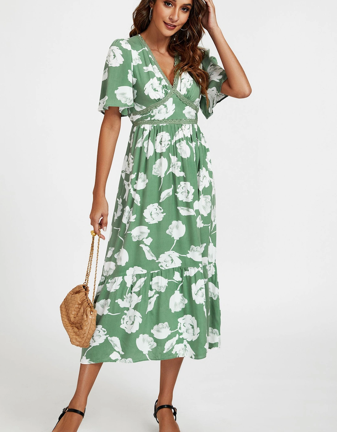 White Floral Print Lace Detail Angel Sleeve Midi Dress In Green, 2 of 1