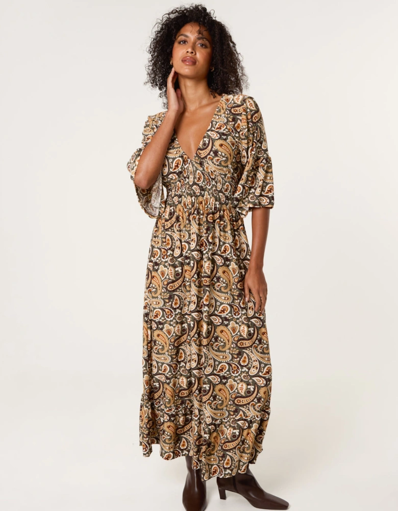 Khaki V Neck Midi Dress
