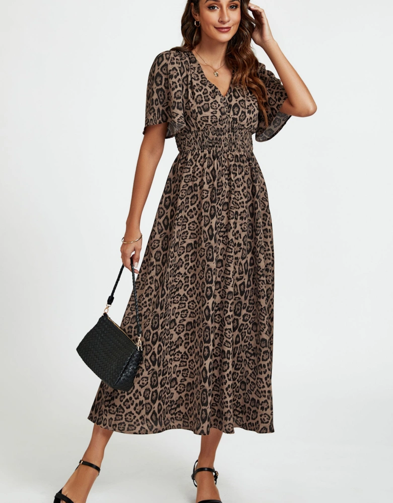 Leopard Print V Neck Midi Dress In Brown