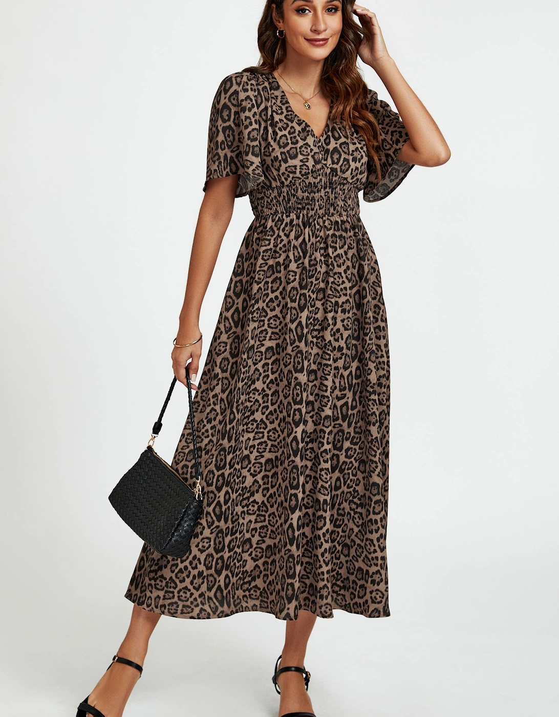 Leopard Print V Neck Midi Dress In Brown, 2 of 1