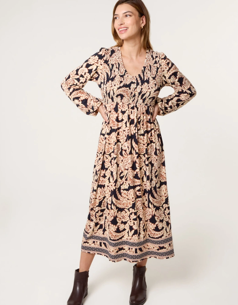 Navy V Neck Shirred Border Print Midi Dress