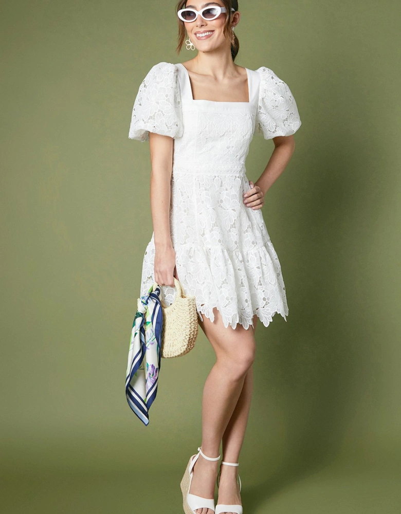 Square Neck Puff Sleeve Lace Mini Dress