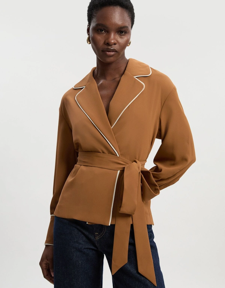 Contrast Tipping Tie Waist Woven Trench Jacket