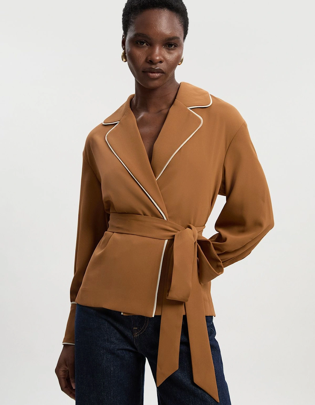 Contrast Tipping Tie Waist Woven Trench Jacket, 2 of 1