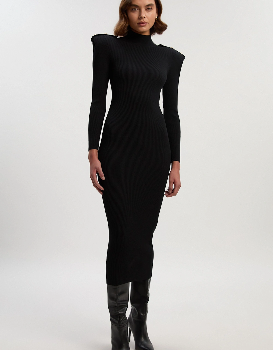 Petite Viscose Blend Rib Knit Power Shoulder Long Sleeve Military Trim Maxi Dress, 2 of 1