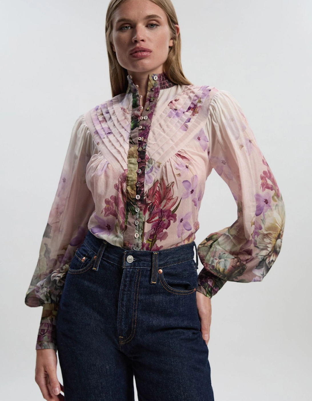 Petite Floral Print Silk Cotton Long Sleeve Woven Blouse, 2 of 1