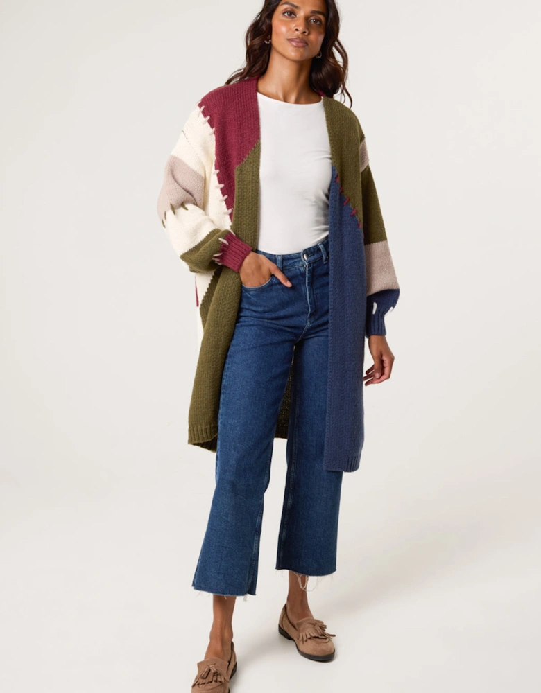 Navy Blanket Stitch Detailed Colourblock Cardigan