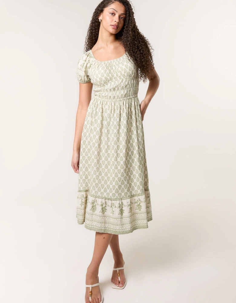 Green Border Print Puff Sleeve Midi Dress