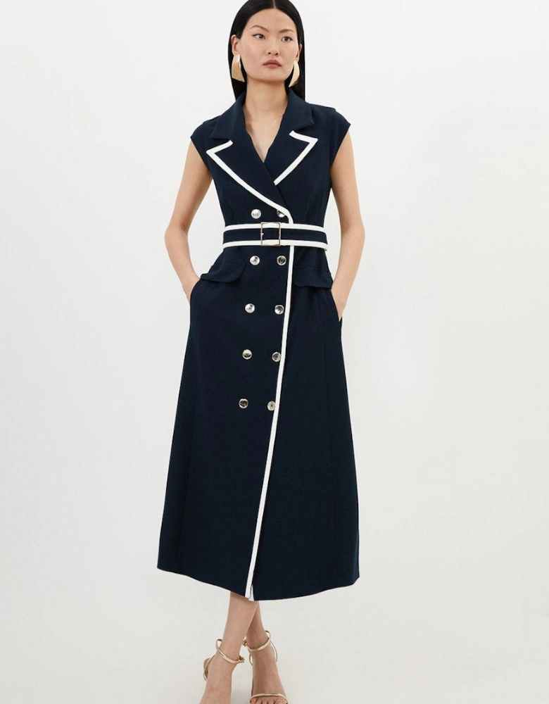Compact Stretch Double Breasted Belted Tipped Tailored Midi Dress