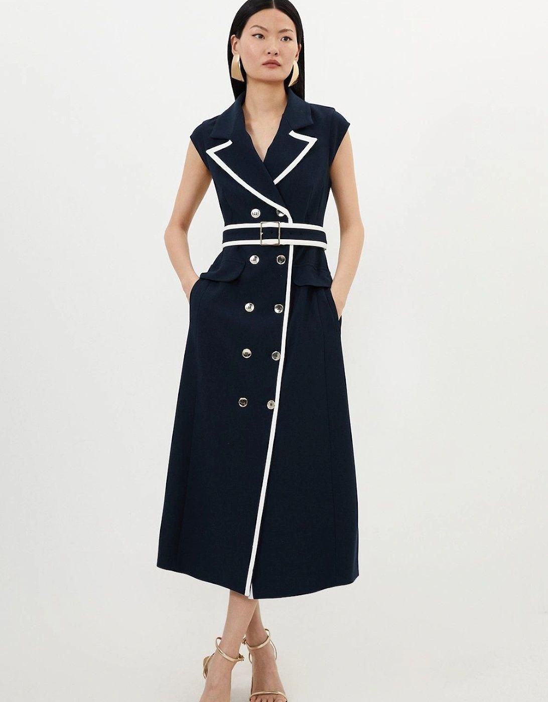 Compact Stretch Double Breasted Belted Tipped Tailored Midi Dress, 2 of 1