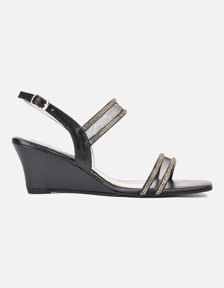 'Lacey' Strappy Diamante Mesh Square Toe Mid Heel Wedge Sandals